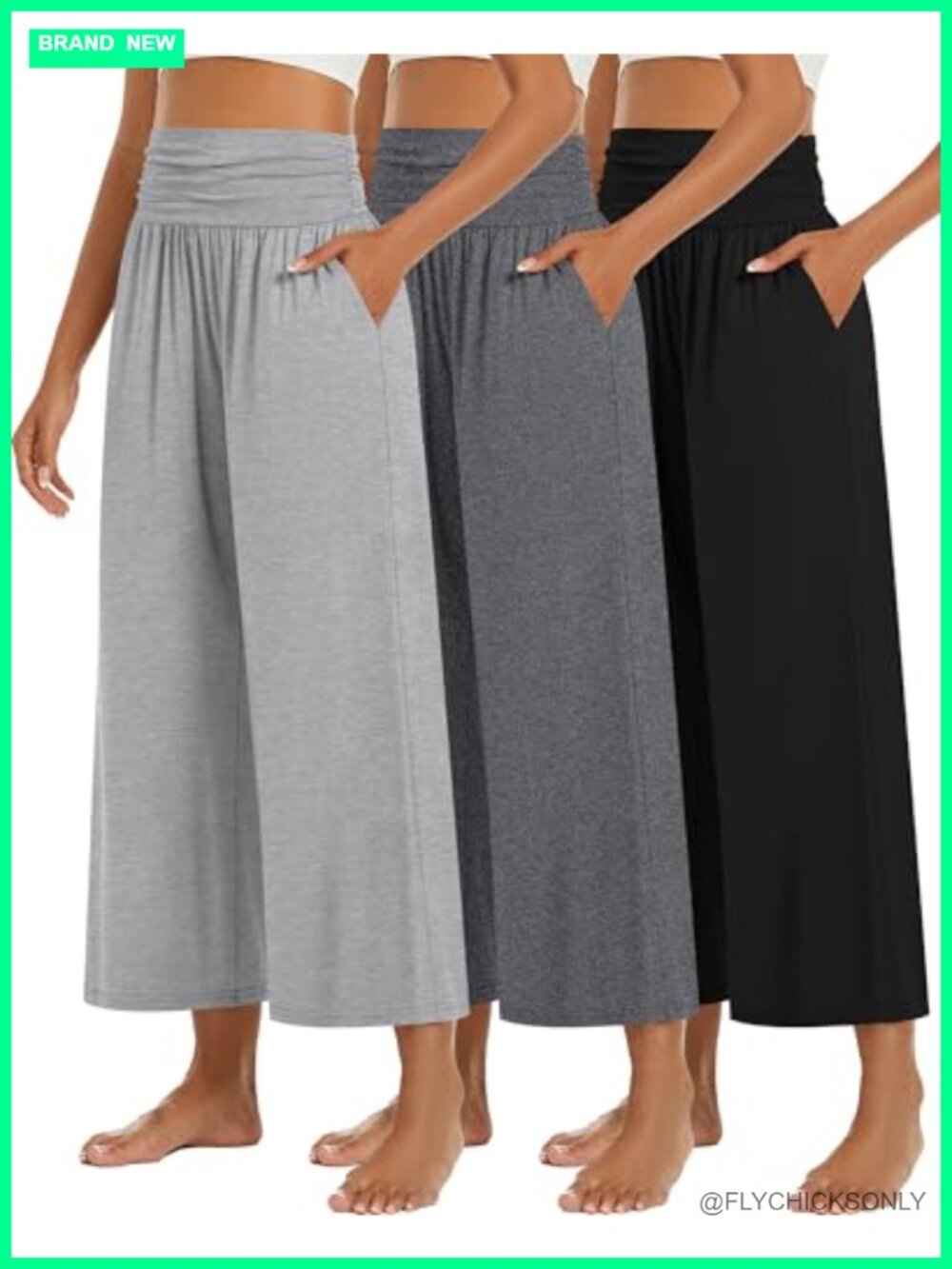 Wide Leg Capri Pants High Waist Pleated Flowy Lounge Yoga 3 Pack